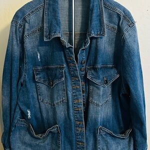 WESTBOUND  WOMEN DISTRESS DENIM JACKET with RED SEQUENCE PATCH ON THE BACK